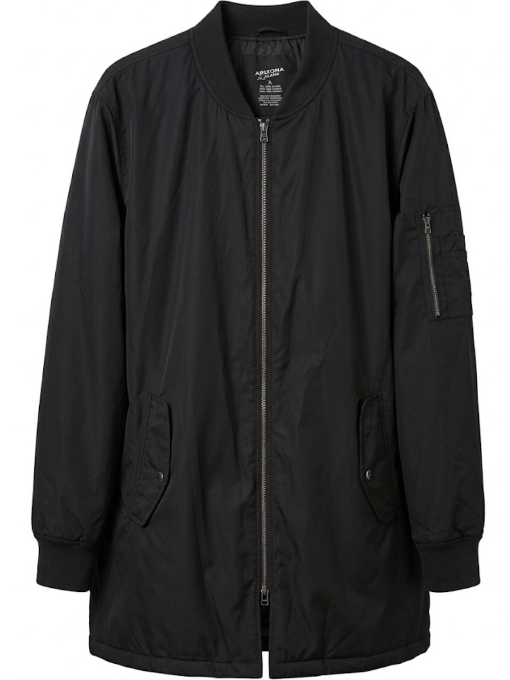 Men’s Black Longline Bomber Jacket Full Zip Utility Pocket - XL